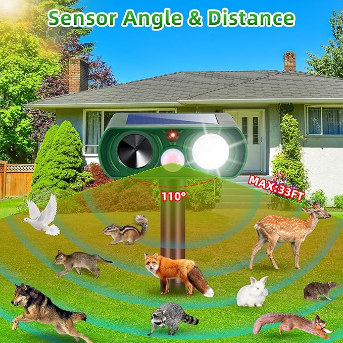 Upgraded Solar Ultrasonic Animal Repellent Outdoor Deer Repellent Cat Deterrent with Motion Sensor Flash Light for Possum Skunk Rodent Squirrel Raccoon IP65 Waterproof Repeller for Yard Garden,4 Pack