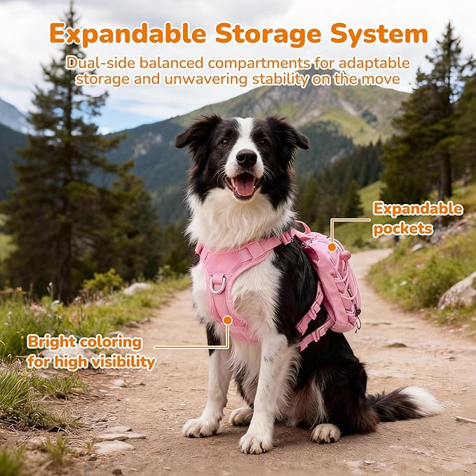 Large Dog Harness Backpack, No Pull Adjustable Dog Vest with Handle & Leash Ring, Lightweight Dog Backpack with Side Pockets for Walking, Training & Day Hikes, Pink, L