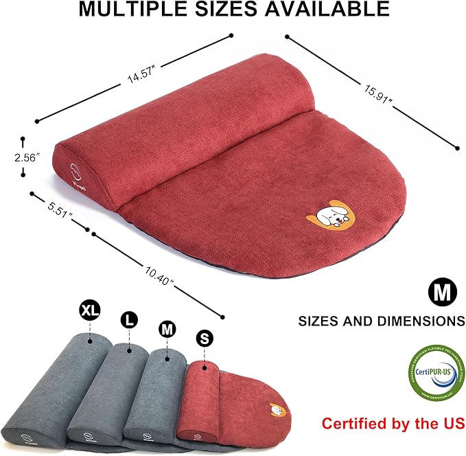 Dog and Cat Bolster Pillow for Medium Dogs and Cats, Benefit for Cervical Vertebra and Neck, Easy to Carry When Traveling, with High Resilience Foam, Machine Washable Cover (Red, Medium)