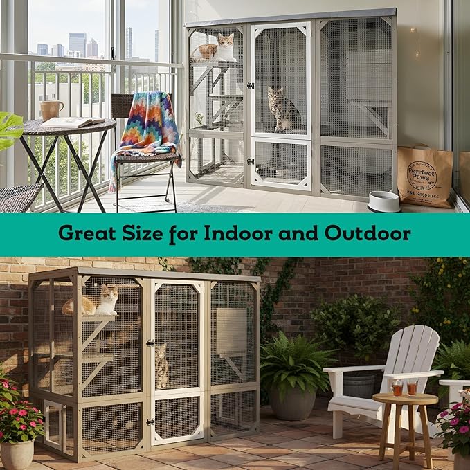 118" Large Catio Outdoor Cat Enclosure, Weatherproof Cat Patio Enclosures for Multiple Cats, Outside Kitty Cage Catio Window Access with 8 Jumping Platforms & 2 Resting Rooms