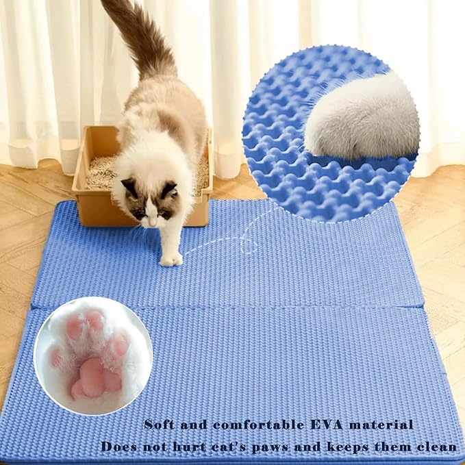 HCY&WLD Cat Litter Mat, Honeycomb Double Layer Cat Litter Trapping Mat, Waterproof Urine Proof Non-Slip, Scatter Control, Less Waste, Easier to Clean (Blue, 35" X 24")