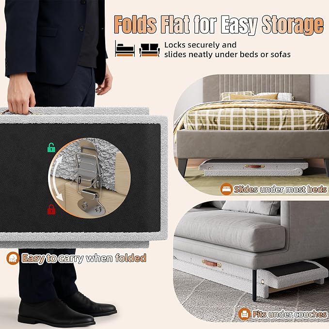 Dog Ramp for Bed–Foldable Wooden Ramp with Soft Plush Fabric Cover & Safety Side Rails 16”–24” Adjustable Height, Non-Slip Walking Surface, Wide 17.7" Platform – Up to 200 lbs