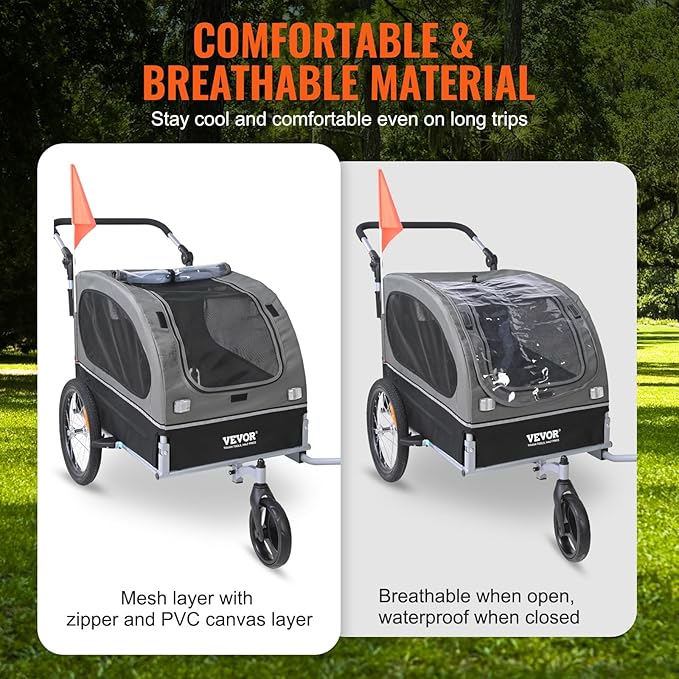 VEVOR Dog Bike Trailer, Supports up to 66/88/100 lbs, 2-in-1 Pet Stroller Cart Bicycle Carrier, Easy Folding Cart Frame with Quick Release Wheels, Universal Bicycle Coupler, Reflectors, Flag
