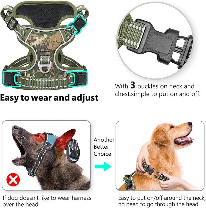Timos Dog Harness Large Sized,No Pull Dog Harness Adjustable Metal Rings 3 Buckles,Reflective No Choke with Easy Control Handle for Large Dogs,Military Green XL