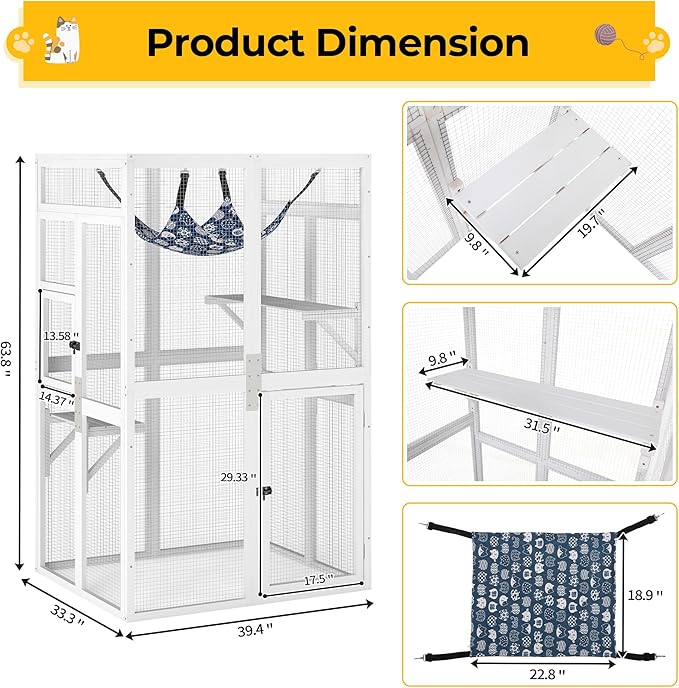 COZIWOW Upgraded Catio Outdoor Cat Enclosure Window Access, Wooden Cat House Shelter, Kitty Cage with Platforms & Hammock Patio Indoor (White)