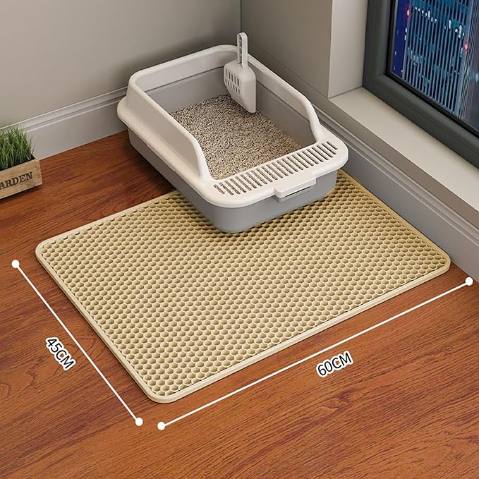 HCY&WLD 2-Pack Cat Litter Mat, Double Layer Honeycomb Waterproof Urine Proof Non-slip Litter Trapping Mat, Less Waste, Easy to Clean Cat Litter Box Mat, Kitty Indoor Supplies (Khaki, 24x18 Inches)