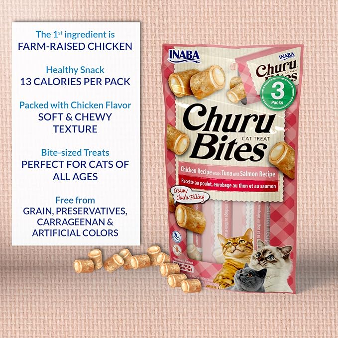 INABA Churu Bites for Cats, Soft Baked Chicken Churu Filled Cat Treats with Green Tea Extract, 0.35 Ounces Each Tube, 18 Tubes Total (3 per Pack), Tuna with Salmon Recipe (Pack of 2)
