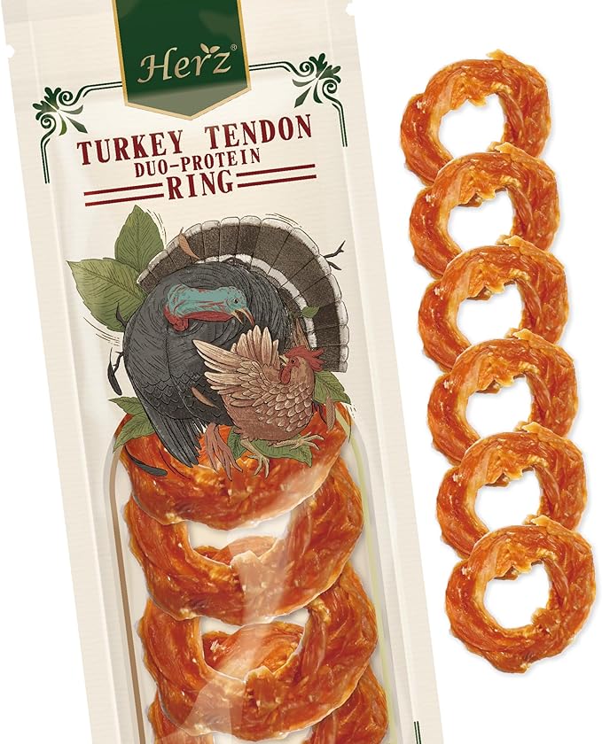 Herz Turkey Tendons for Dogs, Duo-Protein, Hypoallergenic Puppy Treats, USA-Sourced, Rawhide Free, Long Lasting Chews, Turkey Tendon & Chicken, Healthy Dog Treats for Small Dogs, Ring (S), 3 oz Pack