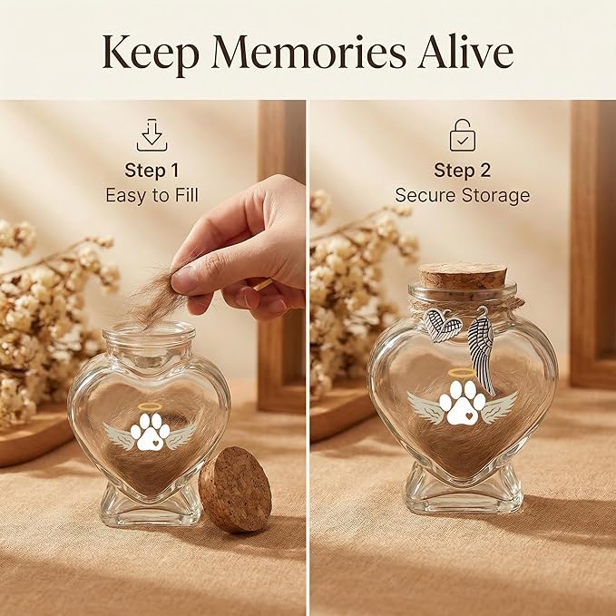Loss of Dog Cat Pet Sympathy Gift, Memorial Bottle for Pet Hair, Pet Fur Keepsake, Heart-Shaped Glass Memorial Bottle, Dog Hair Keepsake, Dog Memory Memorial Keepsake