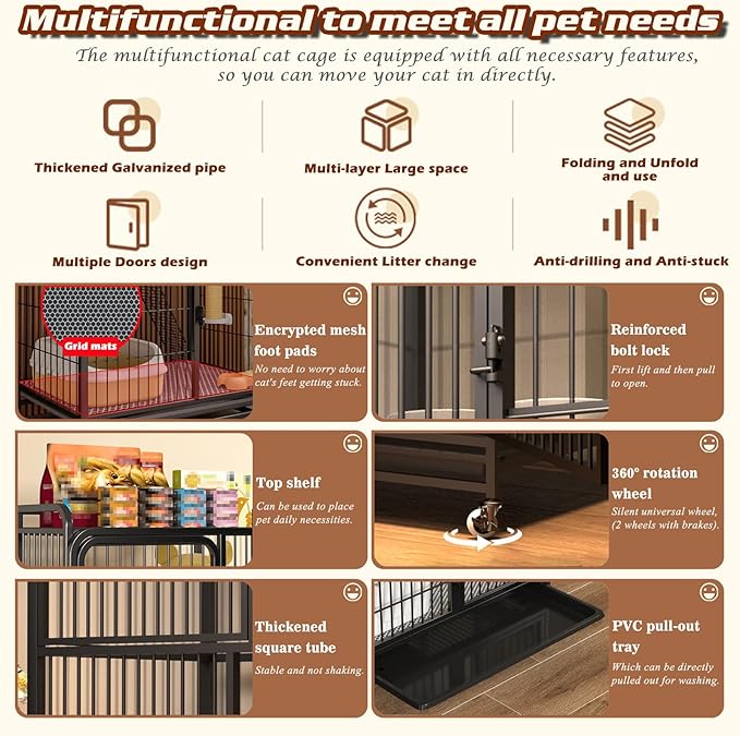 Multi-Tier Collapsible Cat Cage Crate, cat playpen for Indoor with 360° Wheels, Metal Wire Cat Kennel with Secure Lock, Large Ferret Playpen for Adult Cats Kitten Chinchilla (Black 4-Tier)