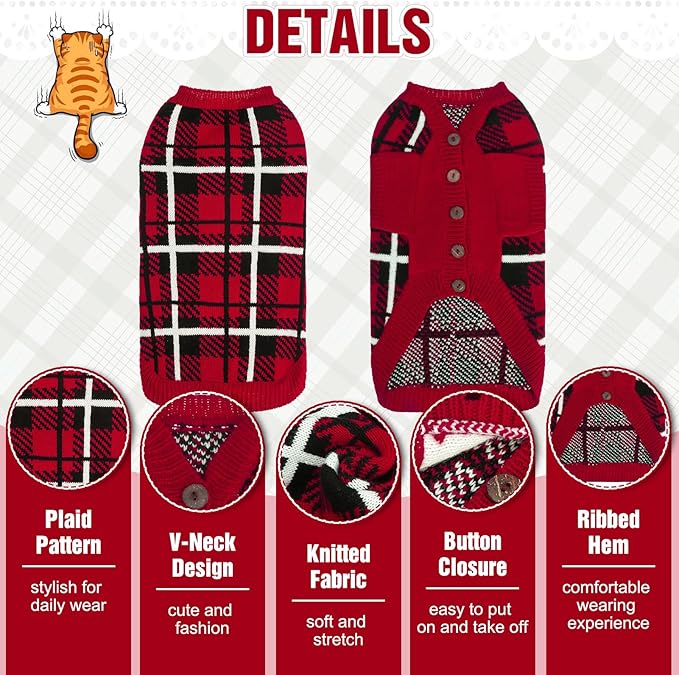 EXPAWLORER Cat Sweater Cardigan - Stylish Knit Cat Clothes, Plaid British Style Soft Puppy Sweater with Sleeve, Warm Pet Clothing Knitwear, Fall Winter Kitten Coat for Girl Boy Cats, Red L