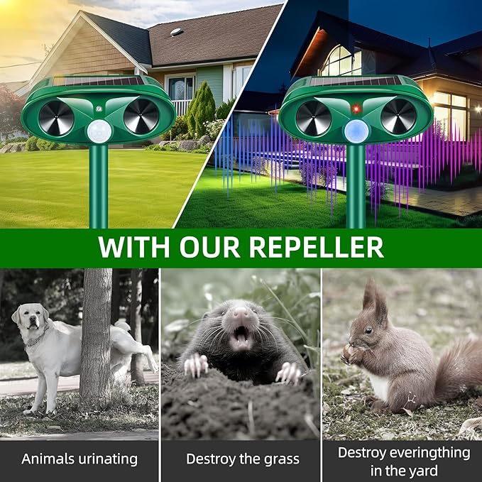 2 Pack 2025 Solar Ultrasonic Animal Repellent Outdoor,Sonic Fortress Pro Deer Repellent Motion Detection,Waterproof Squirrel Mouse Raccoon Dog Cat Rabbit Repellent Deterrent for Garden Yard