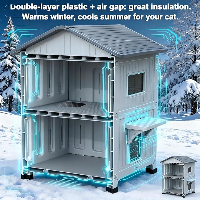 Weatherproof Outdoor Cat House with Insulated Liner for Feral Multi Cats, 2 Storey Insulated Elevated Cat Shelter with Escape Door, Easy Assemble, Expansive Interior‌, Grey 34" D x 21" W x 21.5" H