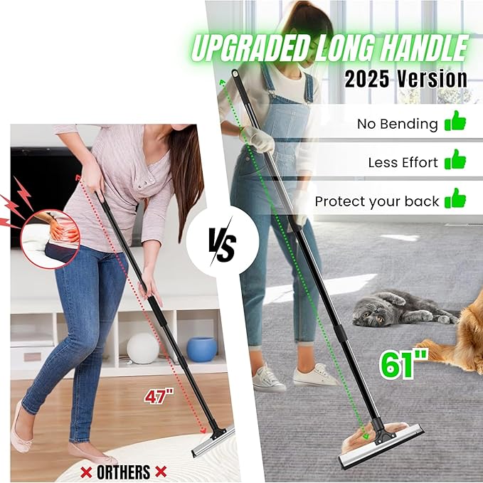 2025 Dual-Edge Carpet Rake for Pet Hair Removal & Fluffing Matted Carpet – 61" Adjustable Handle, Deep Clean Dog & Cat Hair Remover, Reusable Scraper for Rugs, Low Pile Carpet, Couch & Stairs