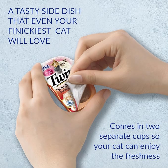 INABA Twins for Cats, Grain-Free Shredded Chicken & Broth Gelée Side Dish/Complement/Topper Cups, 1.23 Ounces per Serving, 14.76 Ounces Total (12 Servings), Tuna & Chicken with Scallop Recipe