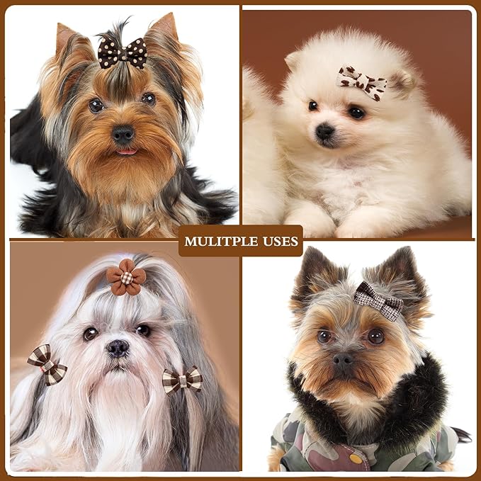 20pc Brown Small Dog Hair Bows - Mix Holiday Dog Hair Bows for Yorkie Puppies, Top Knot for Daily Use