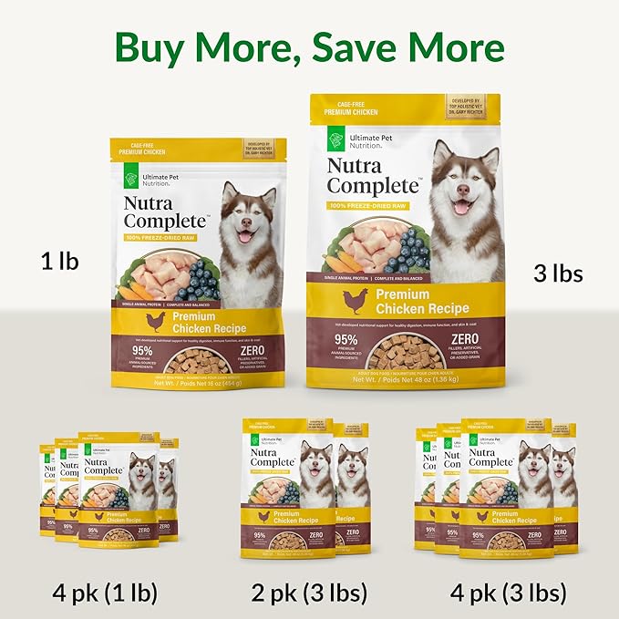 ULTIMATE PET NUTRITION Nutra Complete Freeze Dried Raw Dog Food, Veterinarian Formulated with Antioxidants, Prebiotics & Amino Acids (3 Pound, Chicken)
