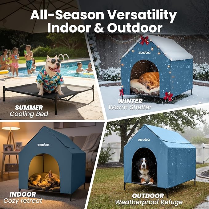 48" XL Outdoor Dog House – Weatherproof Elevated Pet Shelter, Breathable Mesh & Steel Frame, Easy to Assemble & Clean, Large Dog Houses for All Seasons (Blue)