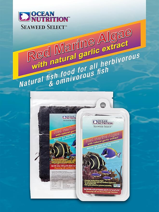 Ocean Nutrition Seaweed Sheets - Nutritious Red Marine Algae Saltwater Fish Food with Natural Garlic Extract for Algae Eater Fish - Perfect for Herbivorous & Omnivorous Fish, 10-Sheets 1.0 oz (30 g)