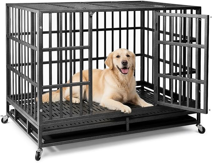 38 Inch Heavy Duty Indestructible Dog Crate, XL Steel Escape-Proof Kennel for Large Dogs, Double Door Design with 4 Locking Wheels & Reinforced Baseplate, Ideal for High-Anxiety Dogs