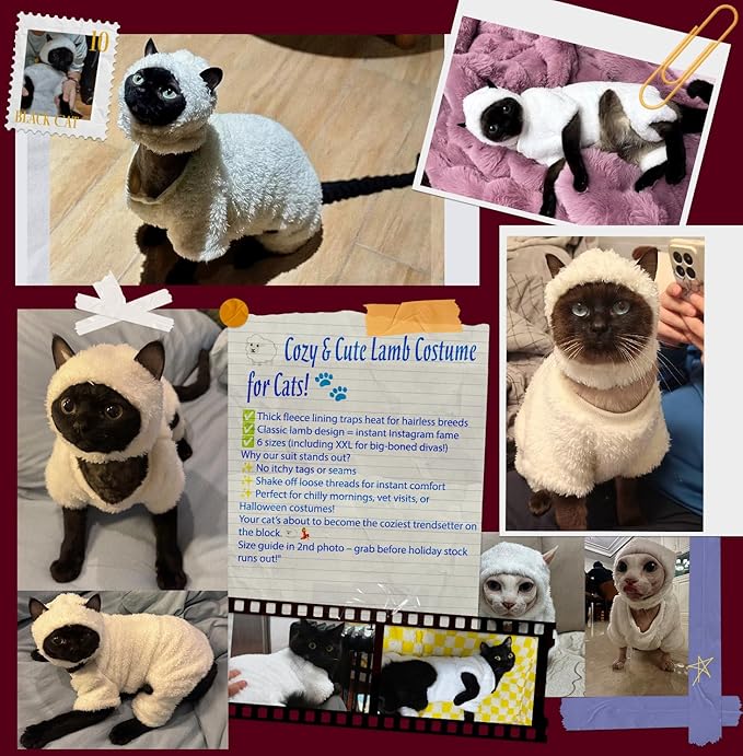 Warm Fleece Lined Winter Clothing for Sphynx & Devon Rex Cats | Soft Faux Lamb Wool | Cozy and Comfortable (Sheep Costume,M About 2-2.5kg/4.4-5.5pounds)
