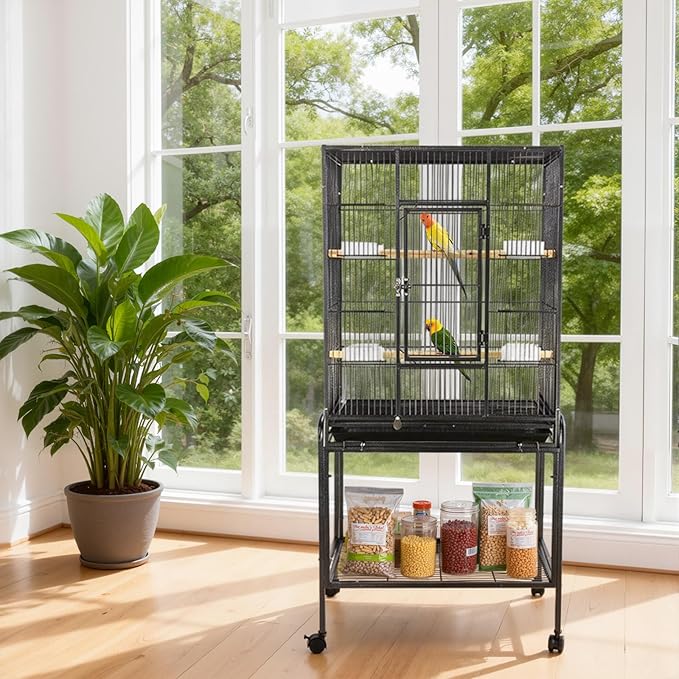 Bird Cage with Wheels, 53 Inch Bird Flight Cage, Wrought Iron Standing Large Parrot Parakeet Flight Birds Cages with Slide Out Tray Parrot Metal Parakeet Cages with Wooden Perches Black