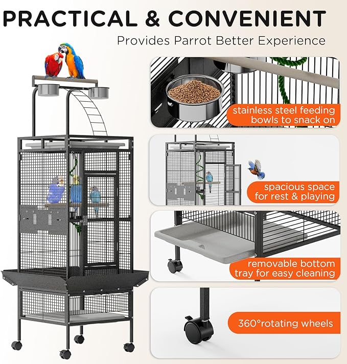 Large Bird Cage 60-inch Playtop Metal Bird Cages with Rolling Stands, Feed Bowls for Parakeets, Conures, Parrot Cage for Medium Large Parrot Cage with Slide-Out Tray Seed Guard, Black