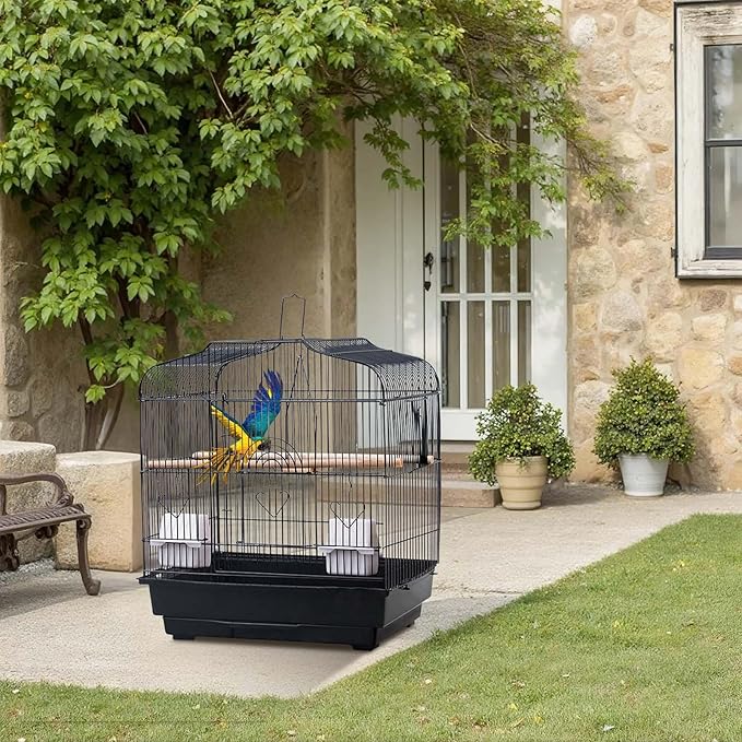 Portable Bird Travel Cage, Metal Carrier Flight Bird Cage with Food Container, Wooden Perch & Pull-Out Tray for Parrots, Canaries, Cockatiels, Lovebirds, Conures Black