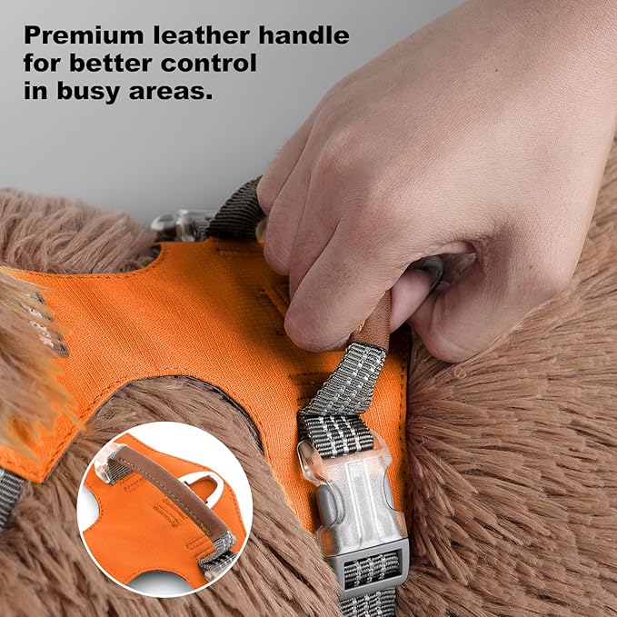 No Pull Dog Harness – Adjustable Reflective Nylon Vest for Small Medium Large Dogs, Escape Proof Training Harness with Leather Control Handle, Lightweight Aluminum Hardware (Orange, L)