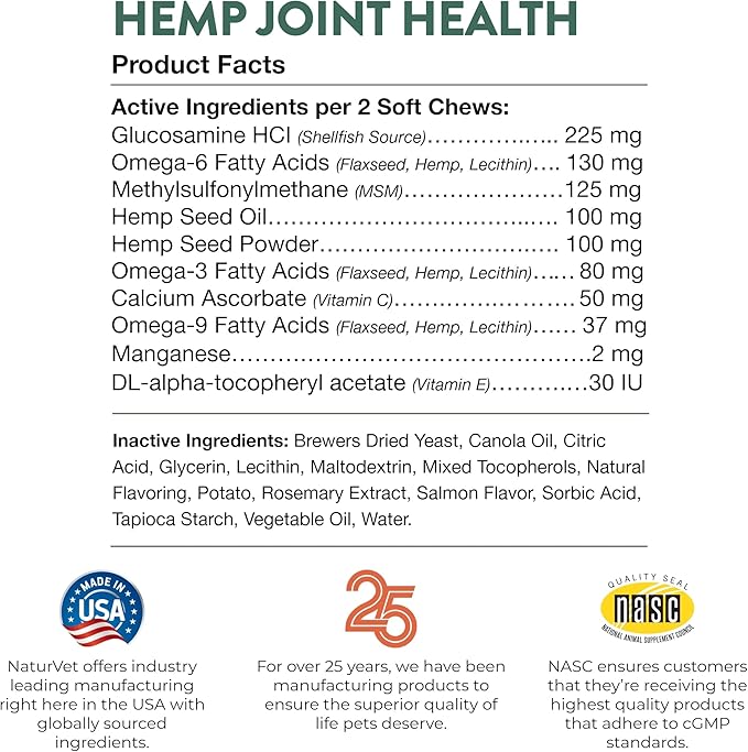NaturVet – Hemp Joint Health for Cats - Plus Hemp Seed – 60 Soft Chews – Supports Healthy HIPS & Joints – Enhanced with Glucosamine, MSM & Hemp Seed– 30 Day Supply