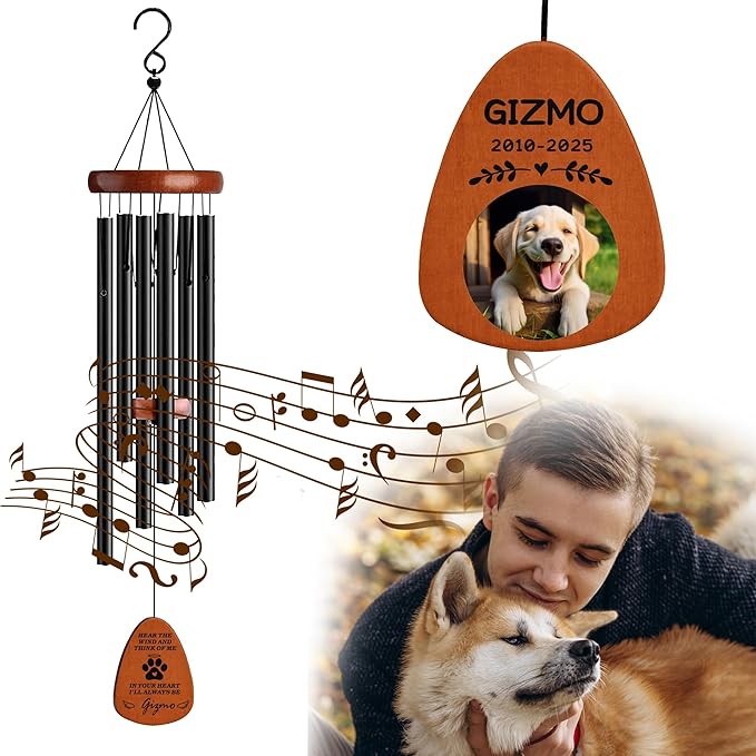 Personalized Pet Memorial Wind Chimes with Photo Pet Memorial Gifts for Dogs Pet Bereavement Gifts Custom 25.5 Inch Wind Chimes for Garden Patio for Loss of Dog Cat Puppy (Champagne Gold, Design 4)