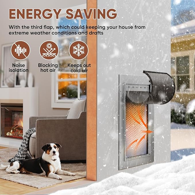 3-Flaps Insulated Dog Door for Wall, Rust Proof Aluminum Alloy Large Doggy Door, Heavy Duty Pet Door with Dual Lock, Extreme Weather Doggie Door for Interior Exterior Wall, Pets Up to 110LB