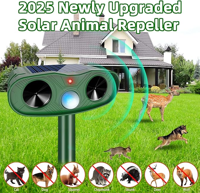 2025 Ultrasonic Animal Repellent Outdoor Deer Repellent Devices, 2Pack Solar Animal Repeller Motion Detection, Cat Repeller Outdoor to Scare Squirrel Dog Repellent Deterrent for Yard