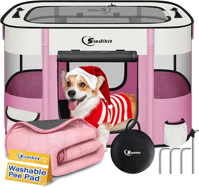 Dog Playpen,Cat Pet Puppy Pen,Portable Playpens for Dogs Indoor Outdoor Travel Camping Use,Foldable Dog Kennel Tent Crate for Rabbit Small Animals with Carrying Case (Pink with Pad, Small)