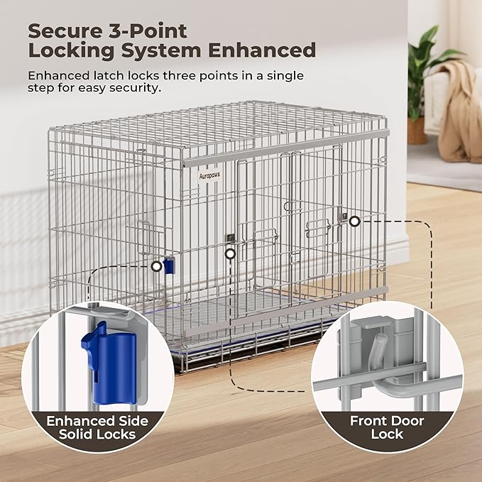 42 Inch Sliding Door Dog Crate - Heavy Duty Collapsible Dog Crates for Large Dogs (70-100lbs), Double Door Metal Dog Kennel Cage with Soft Mat, Leak-Proof Tray, Easy Foldable & Assembly