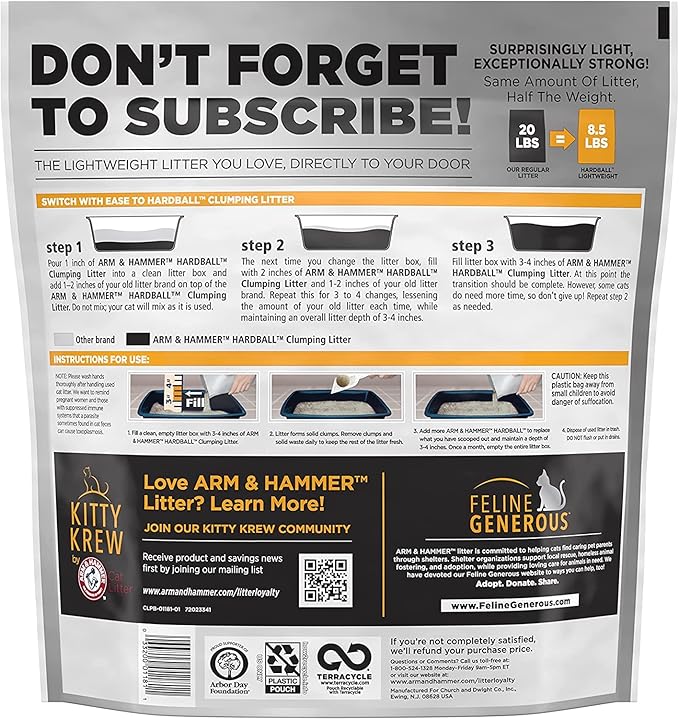 ARM & HAMMER Hardball Lightweight Platinum Multi-Cat Clumping Cat Litter Odor Control, Easy No-Mess Scooping, Garden Bloom Scent, 8.5 Lbs.