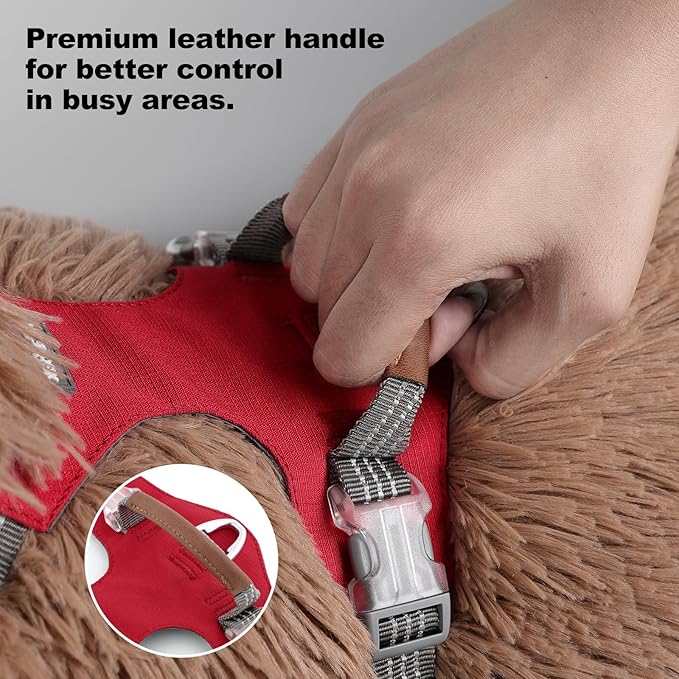 No Pull Dog Harness – Adjustable Reflective Nylon Vest for Small Medium Large Dogs, Escape Proof Training Harness with Leather Control Handle, Lightweight Aluminum Hardware (Red, L)