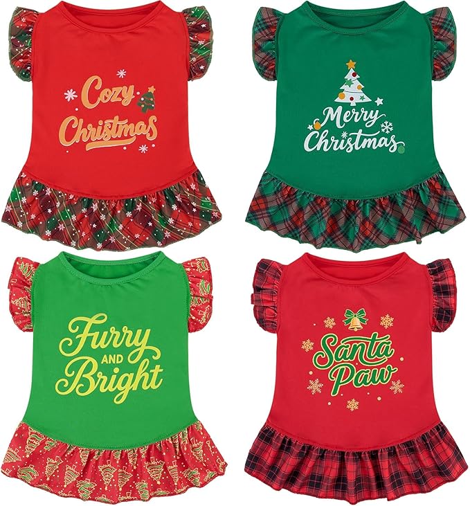 XPUDAC 4 Pack Christmas Dog Dress Plaid Puppy Clothes for Small Dogs Girl Cute Pet Outfit Doggy Apparel Cat Holiday Party Costume, Red, Green, XXS