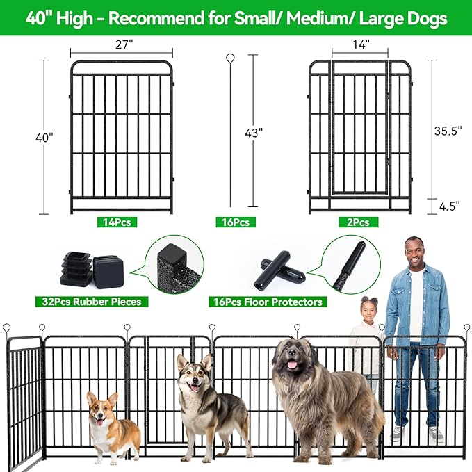 Heavy Duty Dog Playpen: 16 Steel Panels 40" Height, Square Steel Pipe with Reinforced Crossbars, 36FT 103 Sq.ft Portable Fence for Yard RV Camping, Snowy Black