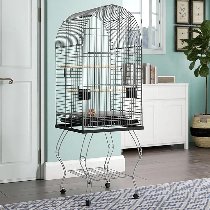 YML 20-Inch Dometop Parrot Cage with Stand, Antique Silver