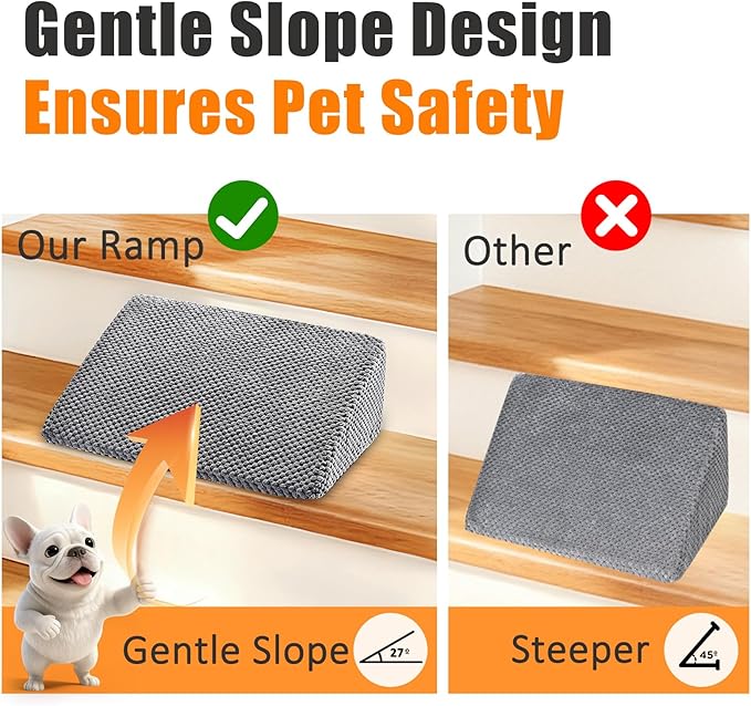 Dog Ramp for Stairs for Small & Senior Dogs and Cats – Non-Slip Stair Wedges for Dogs with Gentle Slope, Pet Ramp with Washable Cover & Self-Sticky Pads for Safe Climbing (Gray, 3 Pack)