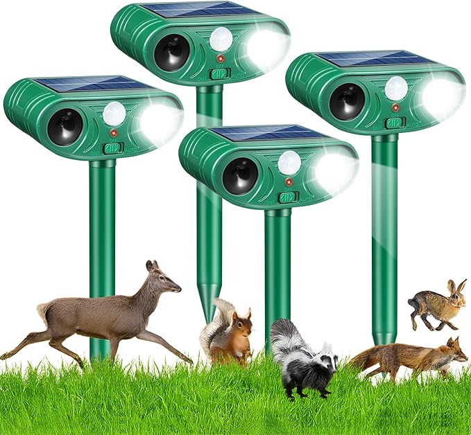 2026 Solar Ultrasonic Racoon Fortress Pro, Deer Cat Repellent Devices Animal Repeller Squirrel Rabbit Deterrent Outdoor with Motion Sensor&Flash Light to Scare Dog Skunk Out of Garden Yard(4Pack)
