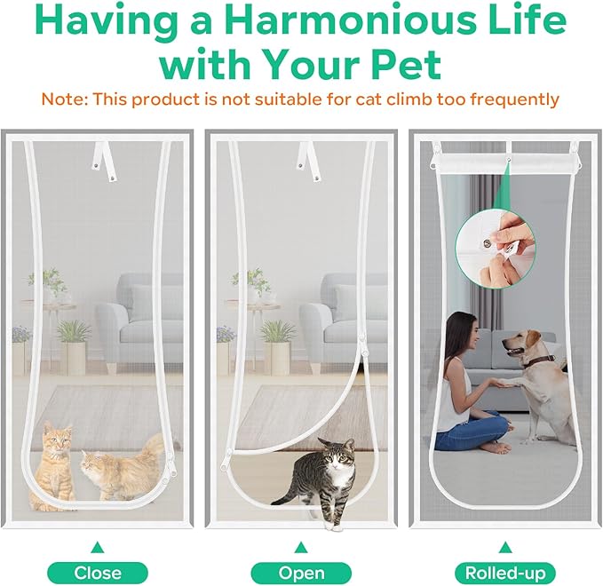 New Reinforced Cat Screen Door, Fits Door Size 30''x 80'' Heavy Duty Pets Proof Screen Door with Bilateral Zipper, Prevent Dogs Cats Running Out from Home, Bedroom,Living Room, Kitchen Patio Door