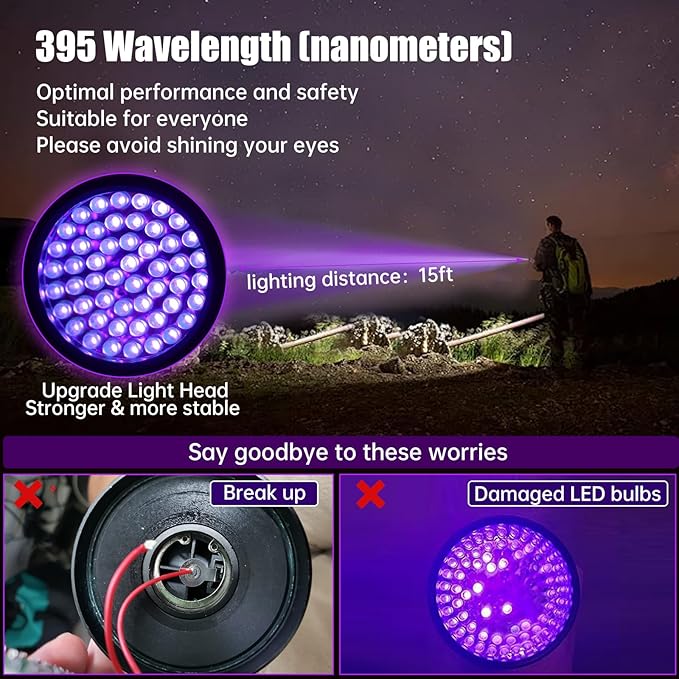 51 LED Rechargeable Black Light Flashlight, 395nm UV Flashlight, Portable Ultraviolet Pet Urine Detector for Dog Cat Stains, Bed Bugs, Scorpions, Resin Curing, Battery Included