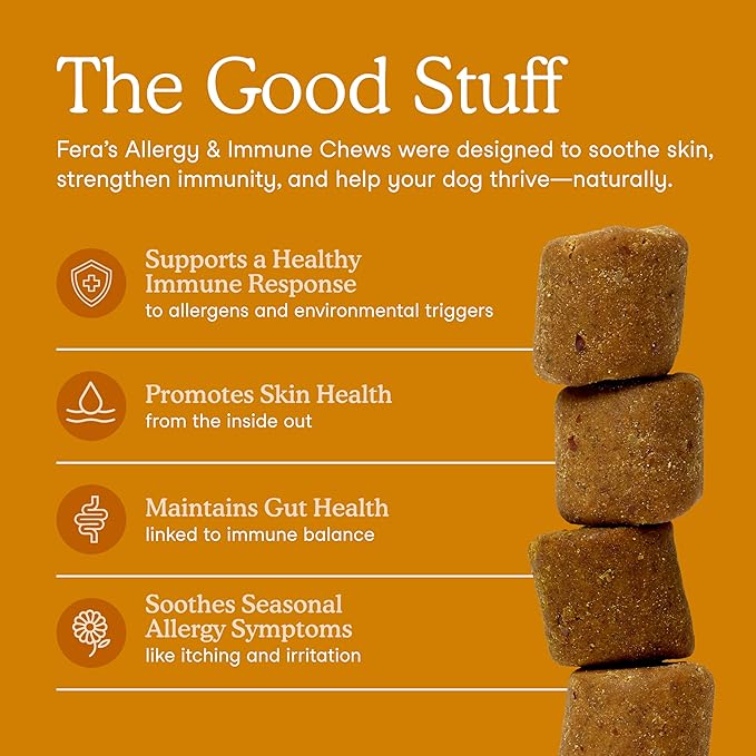 Fera Pets Dog Allergy and Immune Support with Organic Mushrooms, Postbiotics & Colostrum - Promotes Skin & Gut Health - Soothes Seasonal Allergy Symptoms - 30 Soft Chews