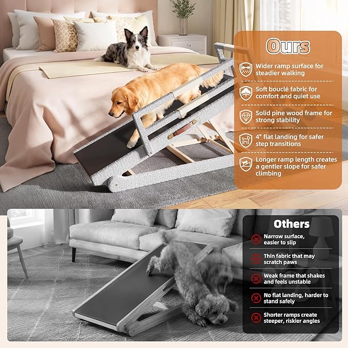 Dog Ramp for Bed–Foldable Wooden Ramp with Soft Plush Fabric Cover & Safety Side Rails 16”–24” Adjustable Height, Non-Slip Walking Surface, Wide 17.7" Platform – Up to 200 lbs