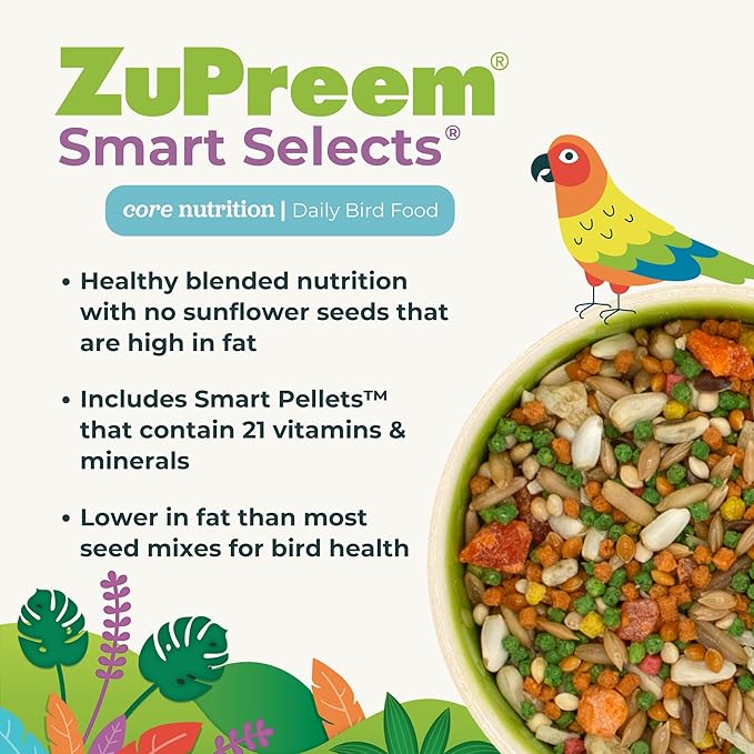 ZuPreem Smart Selects Daily Bird Food for Parakeet, Budgie, Parrotlet, Dove, Small Bird Pellets and Seed Blend, Core Nutrition, Made in USA, Budgie & Parakeet Food (2 lb, Pack of 2)