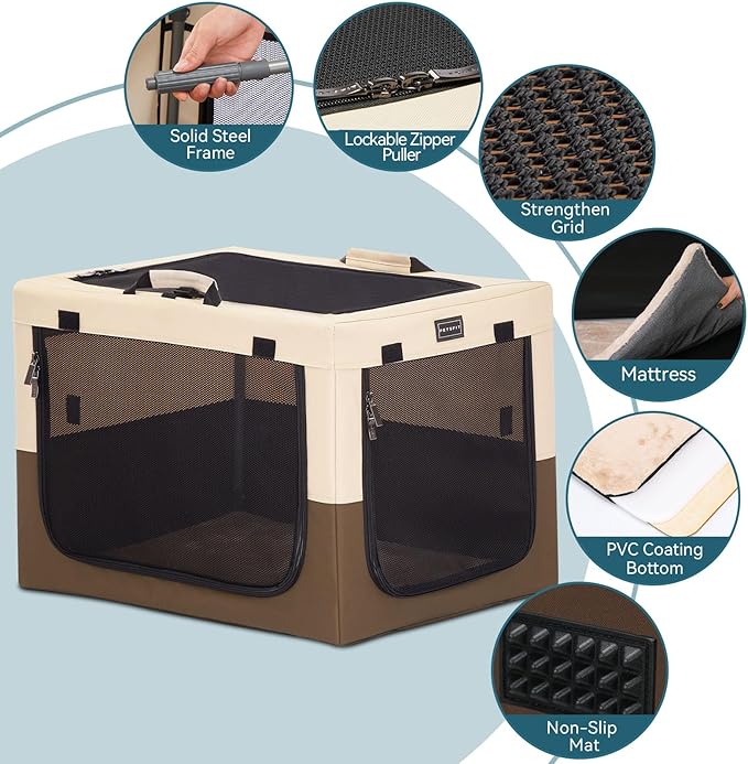 PETSFIT Portable Dog Crate for Medium Large Dogs, – 36" Soft Dog Travel Crates with Lockable Zippers & Thicken Mat, Adjustable Patented Spiral Steel Frame, Collapsible Kennel for Indoor & Outdoor