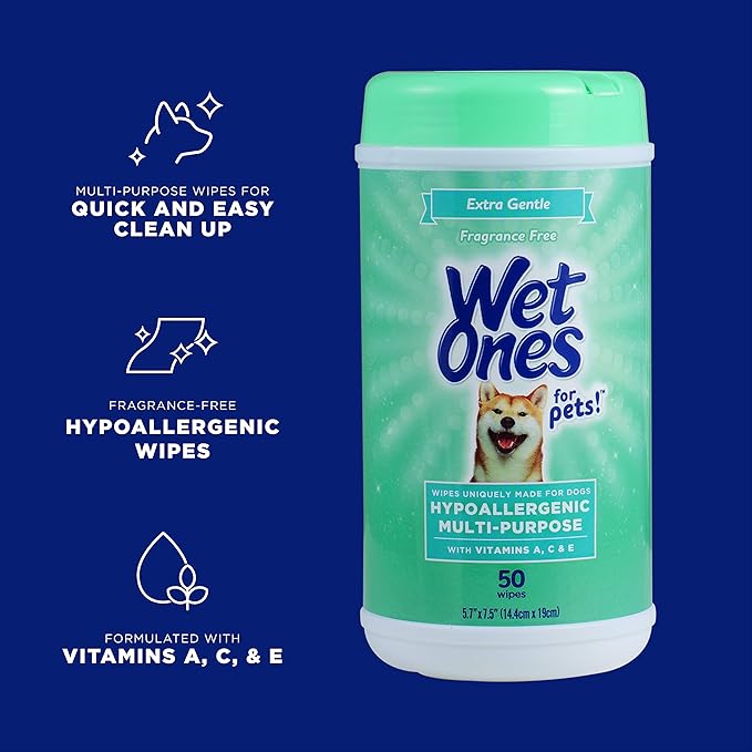 Wet Ones for Pets Hypoallergenic Multipurpose Dog Wipes with Vitamins A, C & E - No Fragrance Pet Wipes for Dogs in Canister, 50 Count - 3 Pack