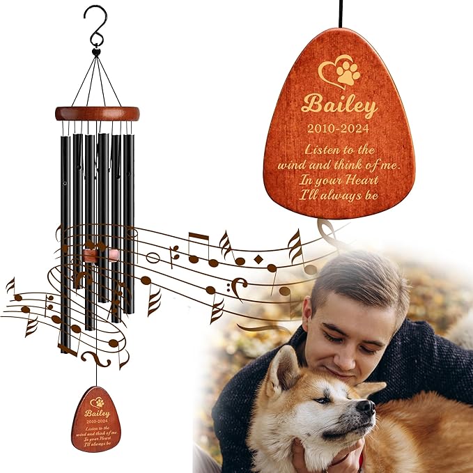 Personalized Dog Memorial Gifts for Loss of Dog, 25.5'' Pet Memorial Gifts for Dogs, Pet Memorial Wind Chimes, Loss of Dogs Sympathy Gift, Pet Passing Away Gift for Loss Loved One(Design 3, Black)